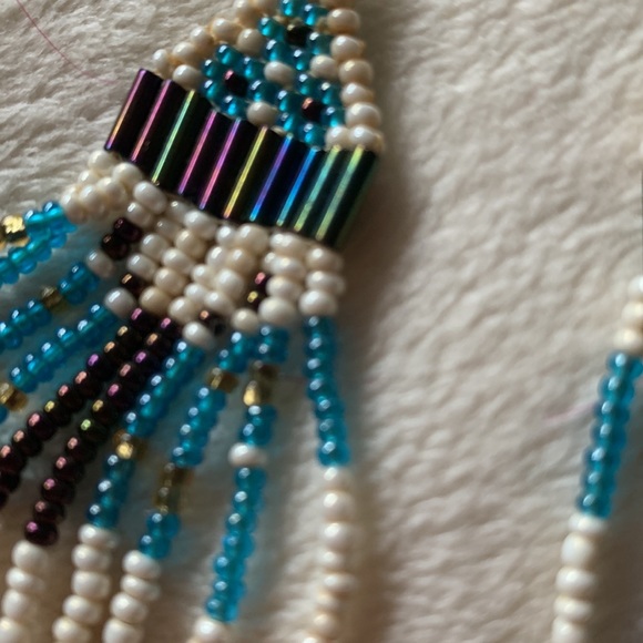 True vintage hand beaded native fringe earrings turquoise teal - Picture 2 of 9